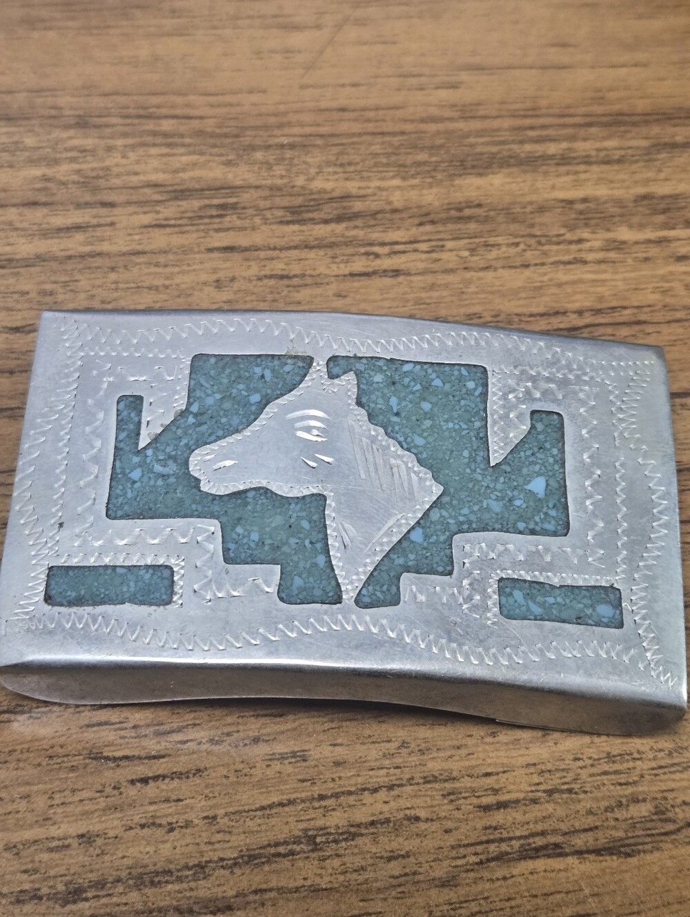 Mexican Alpaca Silver Horse Inlay Belt Buckle in Turquoise